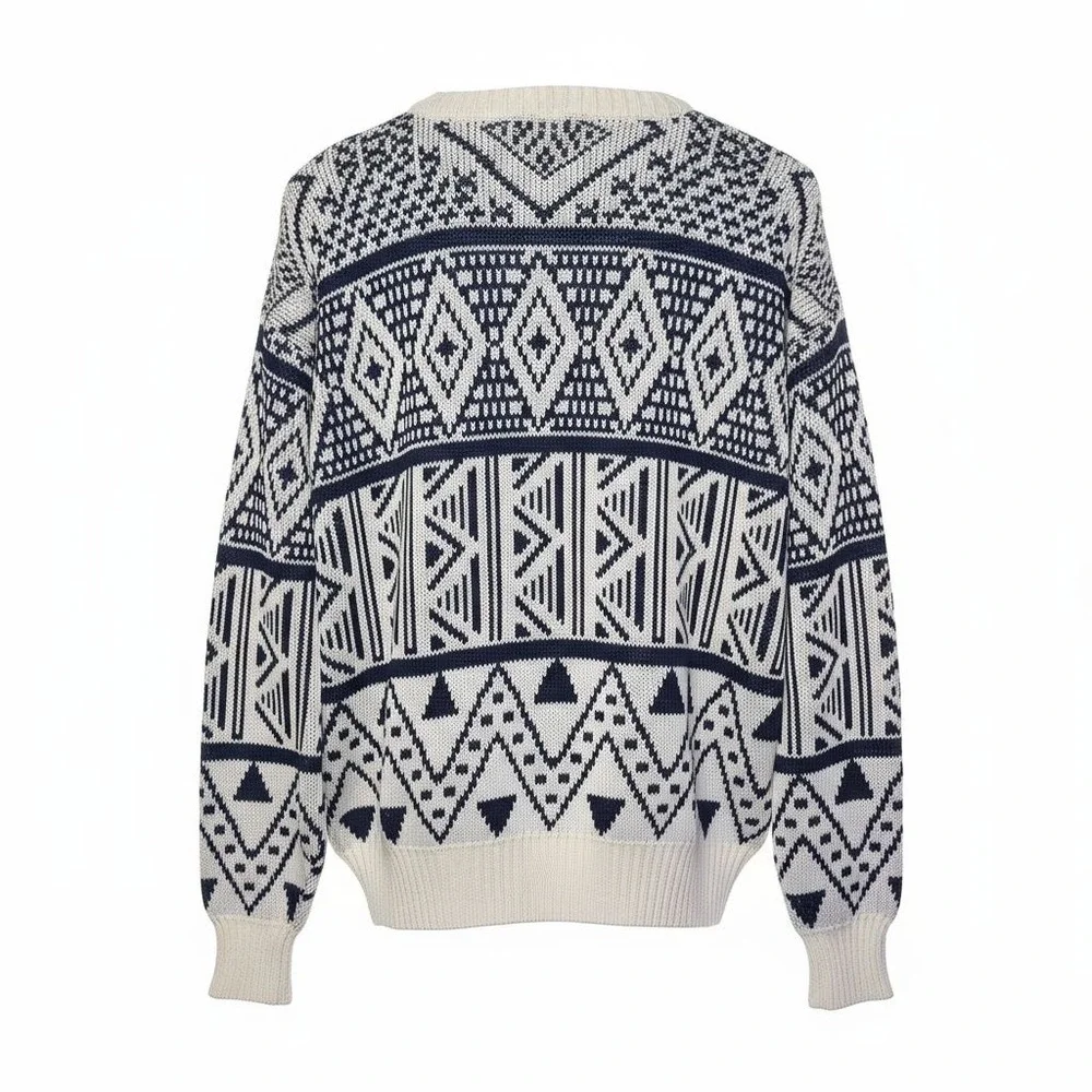 Vintage Anthonys Crew Neck Sweater‎ White Blue Geometric Aztec Print Medium